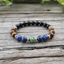 Charger l'image dans la galerie, Ensemble Mala de 108 perles et son bracelet  Lapis, œil de tigre , chysocolle et onyx
