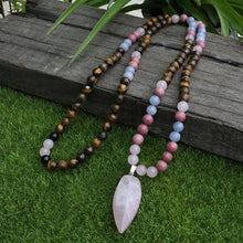 Charger l&#39;image dans la galerie, Collier - Mâlâ 108 perles en Quartz rose, Angelite, Rhodochrosite et Oeil de tigre
