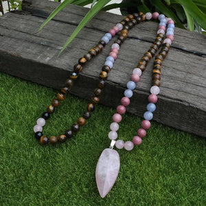 Collier - Mâlâ 108 perles en Quartz rose, Angelite, Rhodochrosite et Oeil de tigre