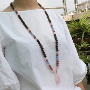 Collier - Mâlâ 108 perles en Quartz rose, Angelite, Rhodochrosite et Oeil de tigre